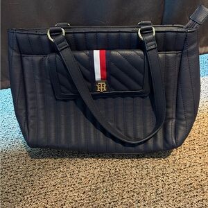 Tommy Hilfiger Quilted Navy Tote with Red and White Stripe